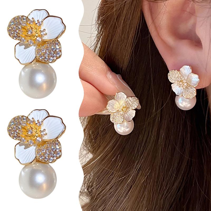 1 пара сережек-подвесок в виде милых цветов с эмалью и жемчугом для женщин и девочек, ювелирные аксессуары, персонализированные универсальные серьги