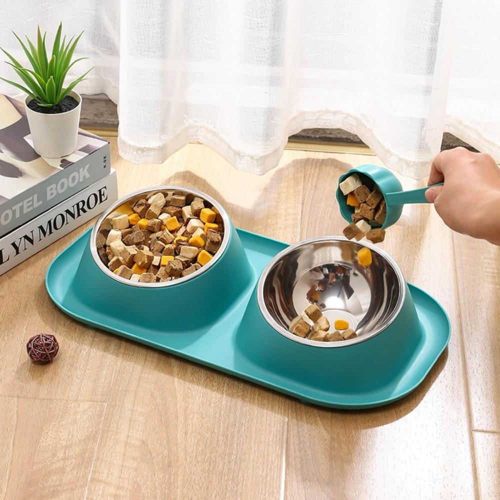 15° Tilted Double Stainless Steel Pet Bowl Anti-Tipping Cat Food Water Feeder Set for Cats and Small Dogs Blue Green Orange Yellow