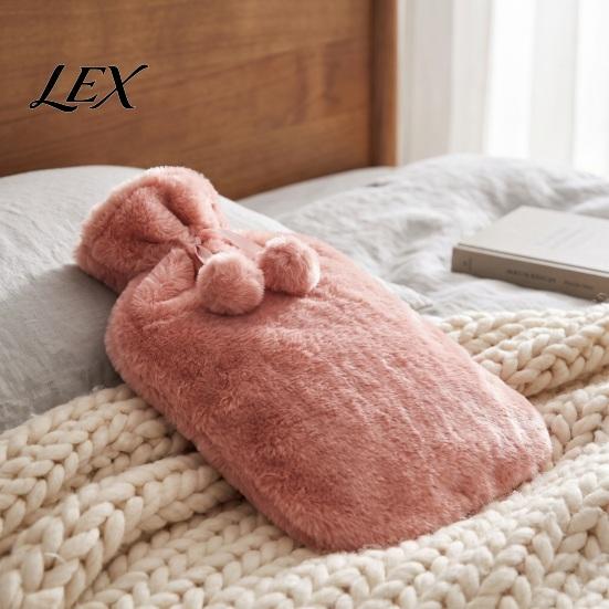 Reusable Hot Water Bag 2L Bottle with Plush Cover, Pompom Drawstring Bag, Winter Warm for Hands, Feet, Stomach 2000ML