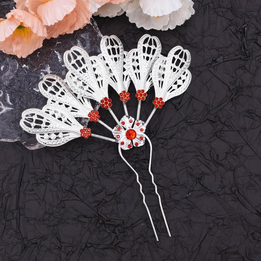 Metal Thai Style Leaf Hair Stick Golden Ethnic Headdress Jewelry Rhinestone Flower Hairpin Party