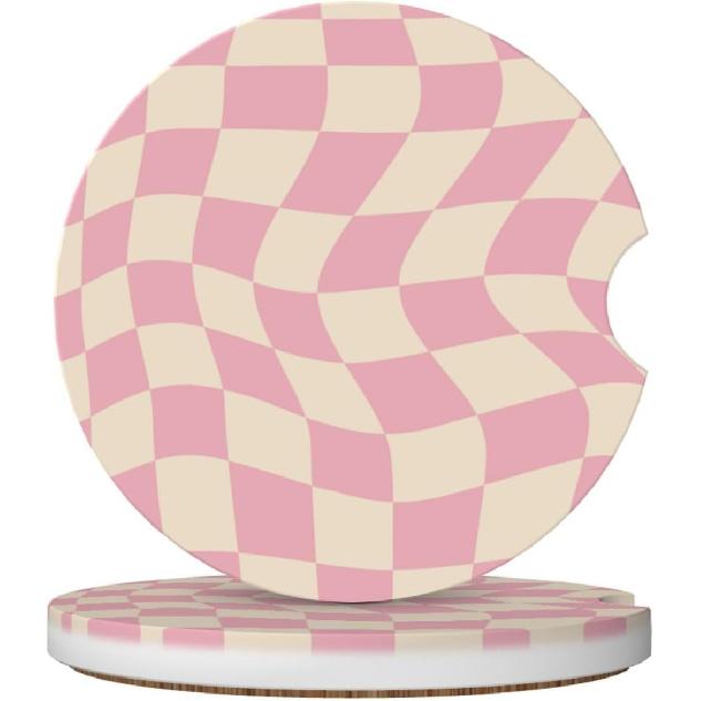 Pink Bow Car Coasters for Cup Holders,2 Pack Car Cup Holder Coasters for Car,Ceramic Absorbent Car Coaster with A Finger Notch and Cork Base,Car