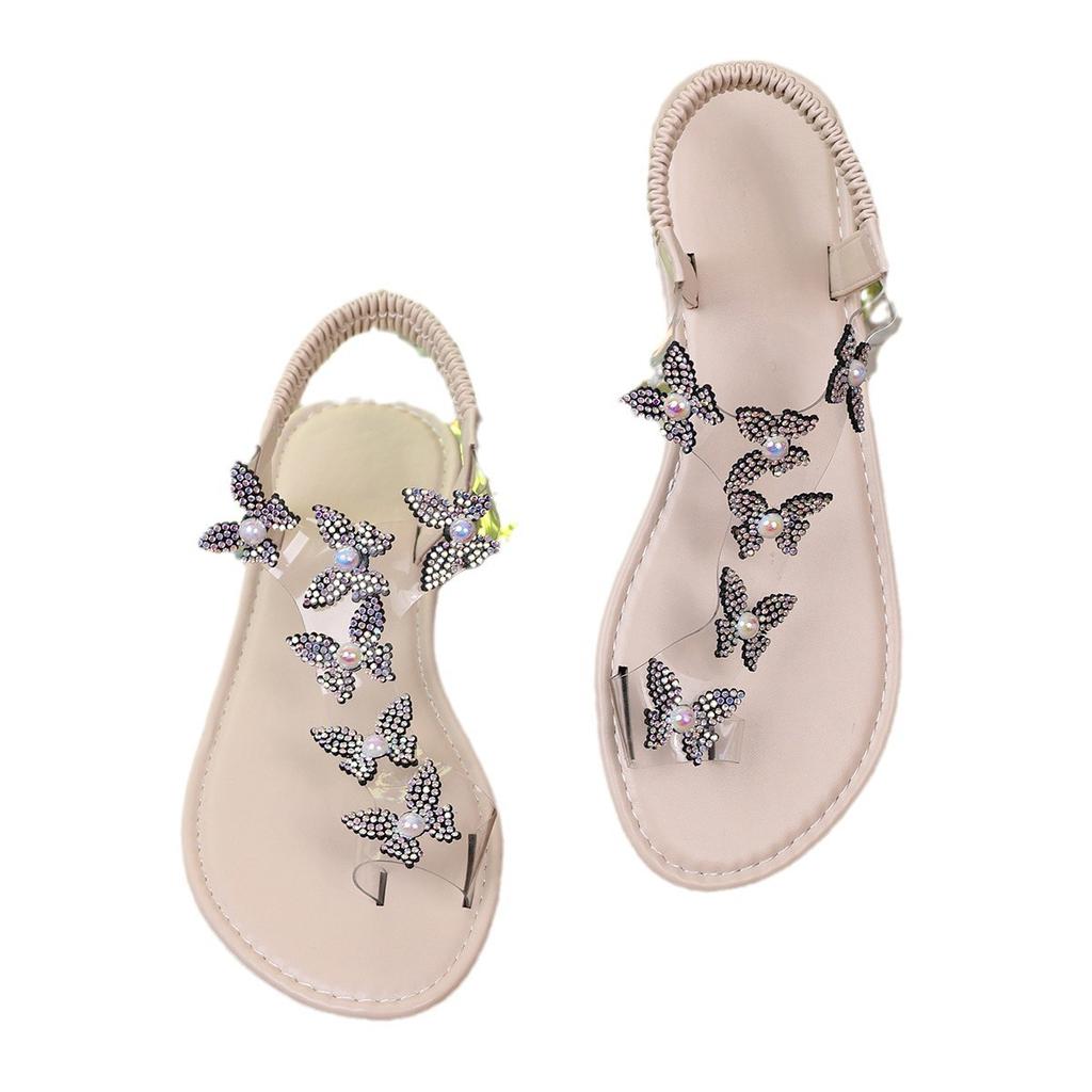 Большие размеры сандалии-бабочки со стразами женские летние 2025 новые удобные сандалии на плоской подошве с закрытым носком