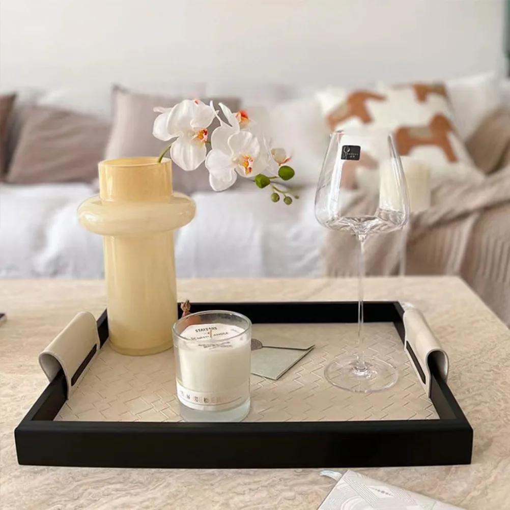 Weaving Pattern Solid Wood Tray Aromatherapy Trays Decorative Tray Home Retro Living Room Handmade Leather Tray Ornament