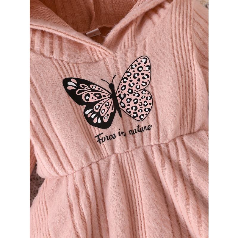 Two-Piece Girl Sweet and Gentle Spring/Autumn New Butterfly Print Letter Hoodie Sweatshirt and Pants Set, Perfect for Outdoor, Knit