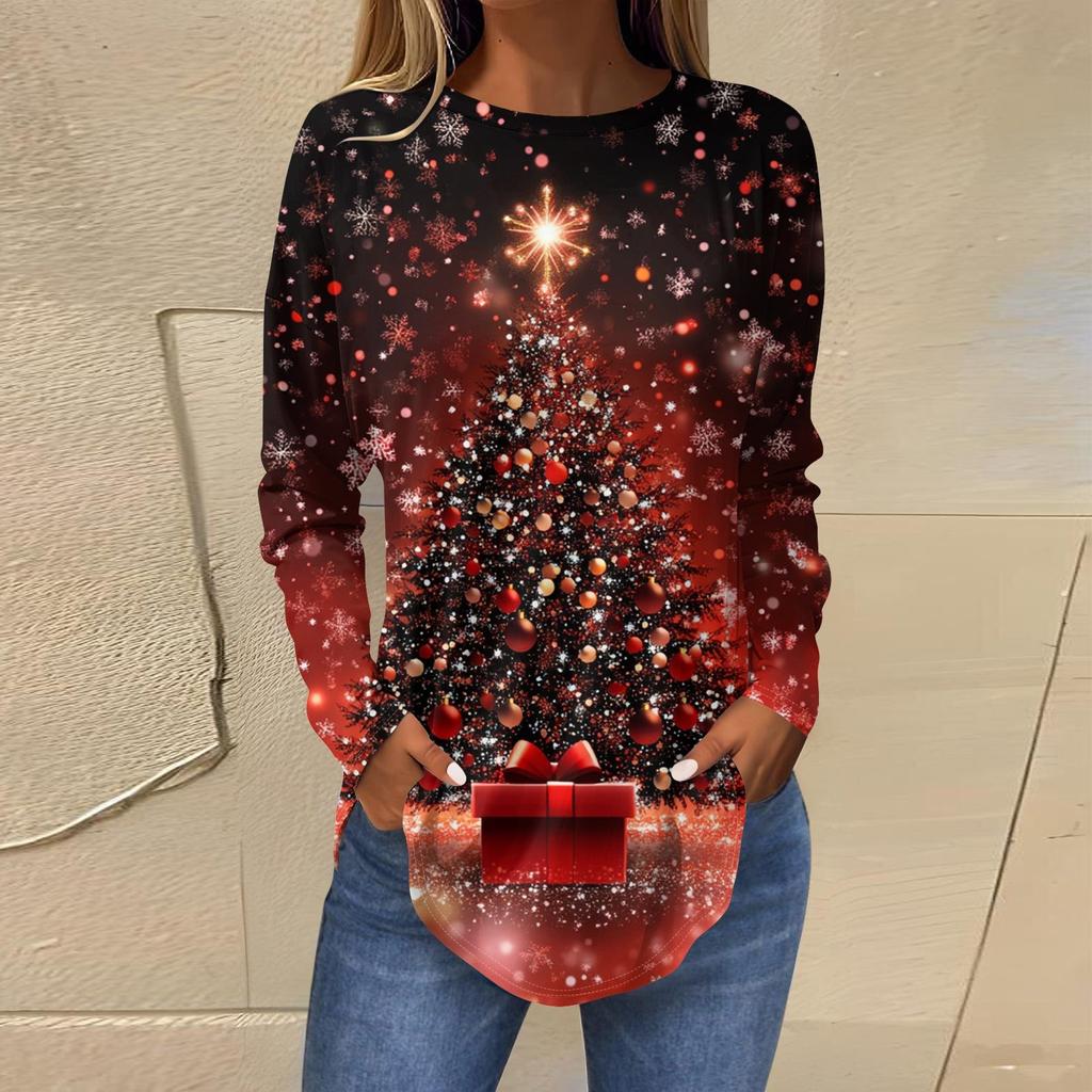Ladies' Loose Round Neck Retro Pattern Printed Long Sleeved T-shirt Top Pullover For Christmas