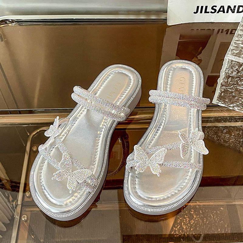 Beautiful two wear sandals 2024 summer new wear Internet celebrity butterfly rhinestone one-word drag fairy wind beach slippers woman