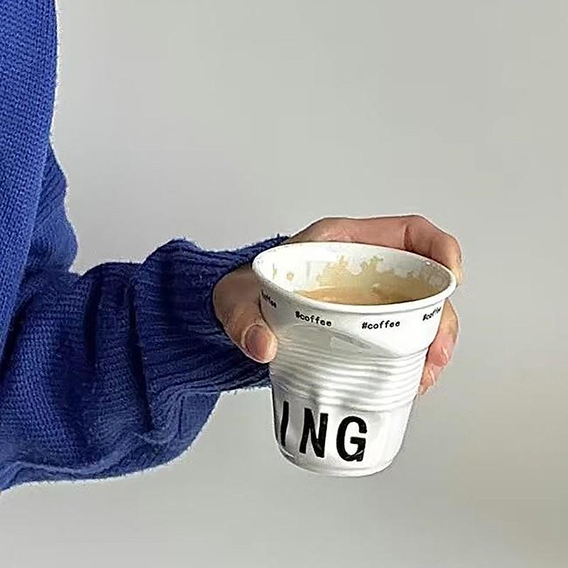 Korean Style Cups And Mugs Coffee Mug White Ceramic Nordic Wrinkle Cup Drinking Coffee Tumbler English Letter