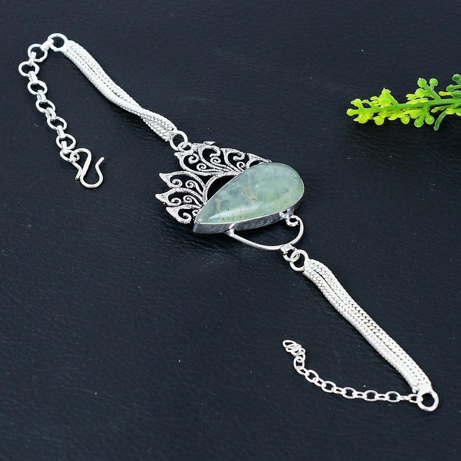 Браслет ручной работы из стерлингового серебра 925 пробы с натуральным драгоценным камнем пренитом 7–8 дюймов y0H07