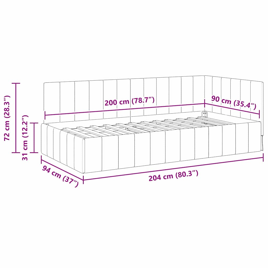L shaped bed frame with headboard Yellow 90 cm x 200 cm velvet