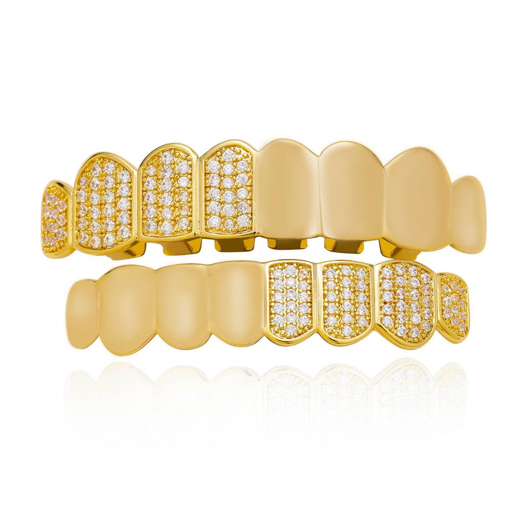 New Hiphop Teeth Grillz Iced Out Micro Pave CZ Stone Top & Bottom Grills Brass with Bling Zircon Diamond Grillz Set Body Jewelry
