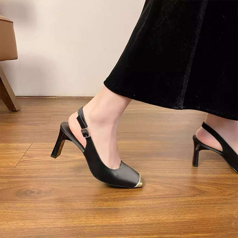 Французские сандалии на высоком каблуке с квадратным носком, женские, на толстом каблуке, новые весенне-летние, для通勤, мягкая кожа, с открытым носком