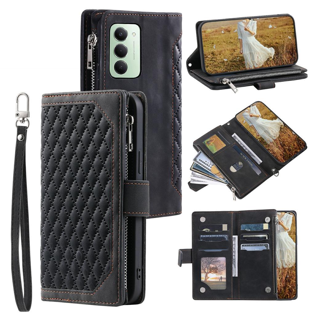 For Xiaomi Redmi 15 5G (EU) (171mm)/4G (EU) (171mm) Wallet Case Rhombus Stitching Line PU Leather Phone Cover with Wrist Strap