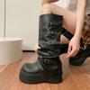 Зимние дизайнерские комбинированные женские ботфорты с круглым носком, модная платформа, толстый каблук, обувь де мухер