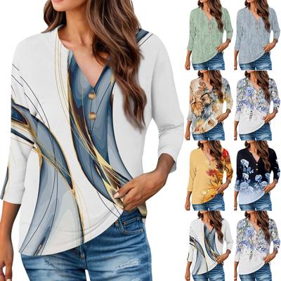 Женская повседневная свободная футболка с принтом, пуловер с круглым вырезом, рукава 3/4, топ