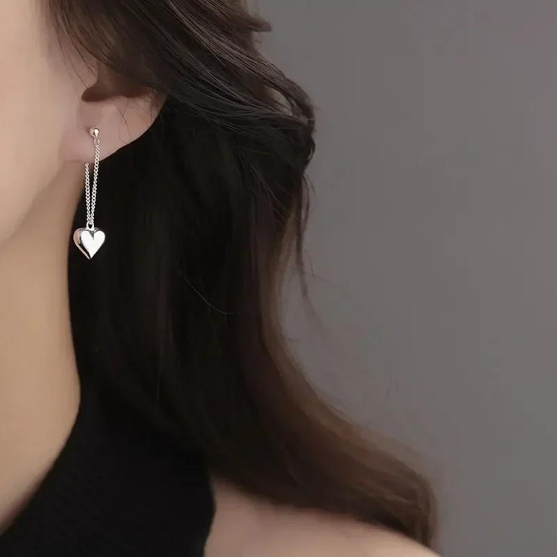 1 Pair New Silvery Earrings for Women Heart Chain Earring Jewelry Prevent Allergy Party Accessories Gift Heart Earrings