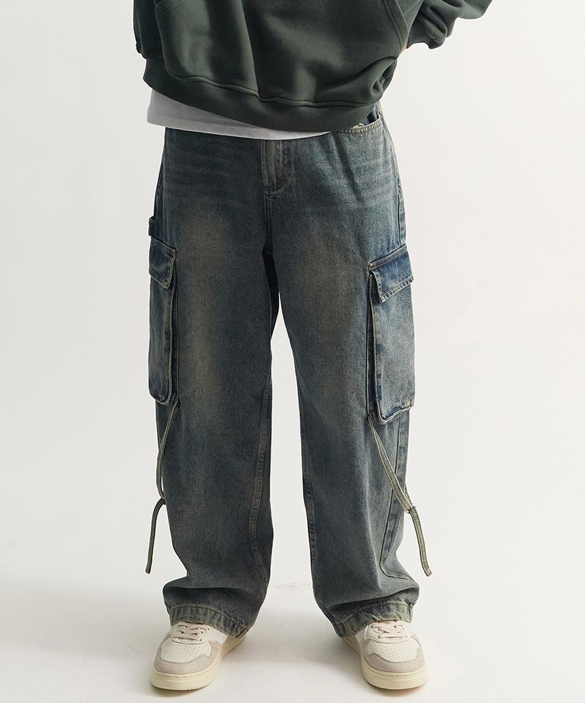 Deulouem Strap Washed Wide Cargo Denim Pants