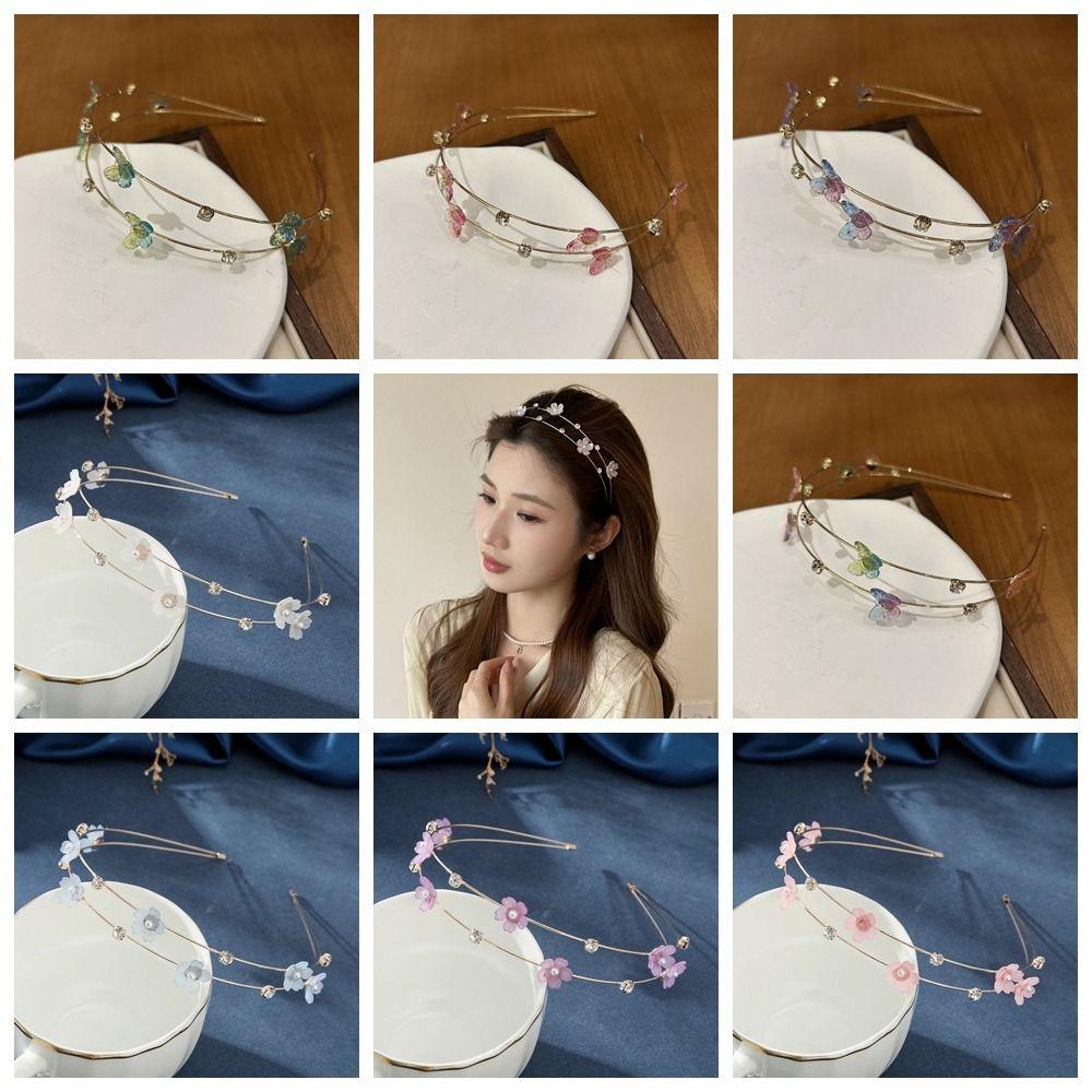 Zinc Zinc Alloy Butterfly Head Hoop Rhinestone Flower Hair Hoop All-match Double Root Hair Bands  Girls