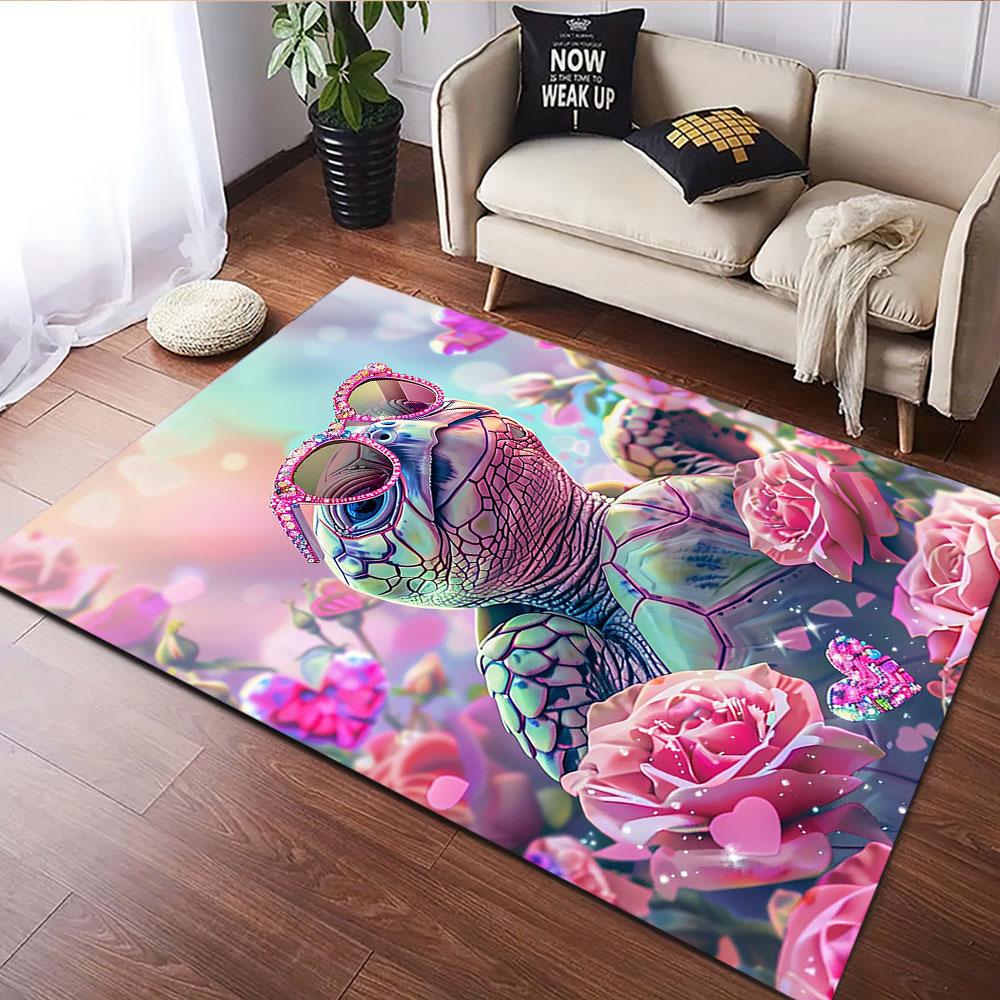Glamorous Turtle in Rose Garden Patterned carpet, suitable as a non slip play mat for the living room and bedroom sofa