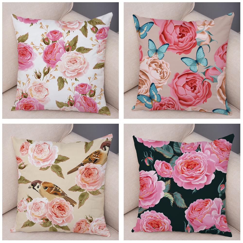 Rose Red Flower Pillowcase Decorative Bird Flower Plant Pillowcase Cushion Sofa Home Car