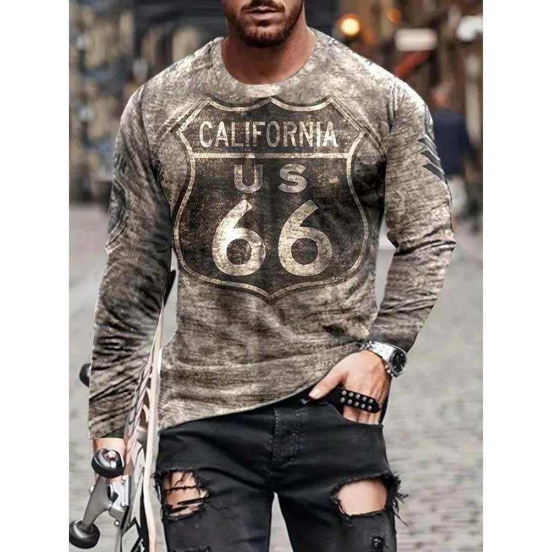 Trendy Retro Contrast Color Fabric Series 3D Printing Summer Round Neck Casual Long-sleeved T-shirt Fashionable Men's Clothing