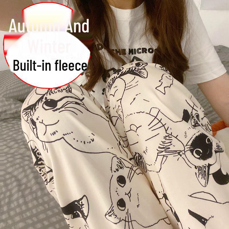 Женская теплая флисовая пижама прямого покроя: Осенне-зимние повседневные брюки для прогулок и ношения на открытом воздухе