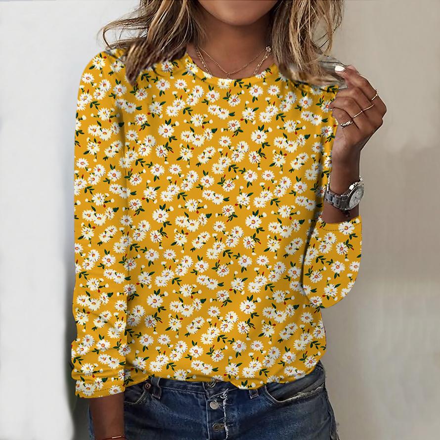 Tops For Women Sunflowers and Chrysanthemums Print Round Neck Long Sleeve T-shirt Fall Casual Slim Pullover Women's Long Sleeve Top
