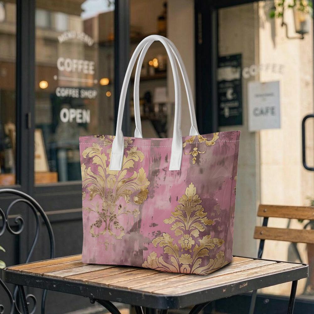Vintage Pink Golden Pattern Tote Bag Elegant Portable Casual Daily Handbag for Women Shopping Travel