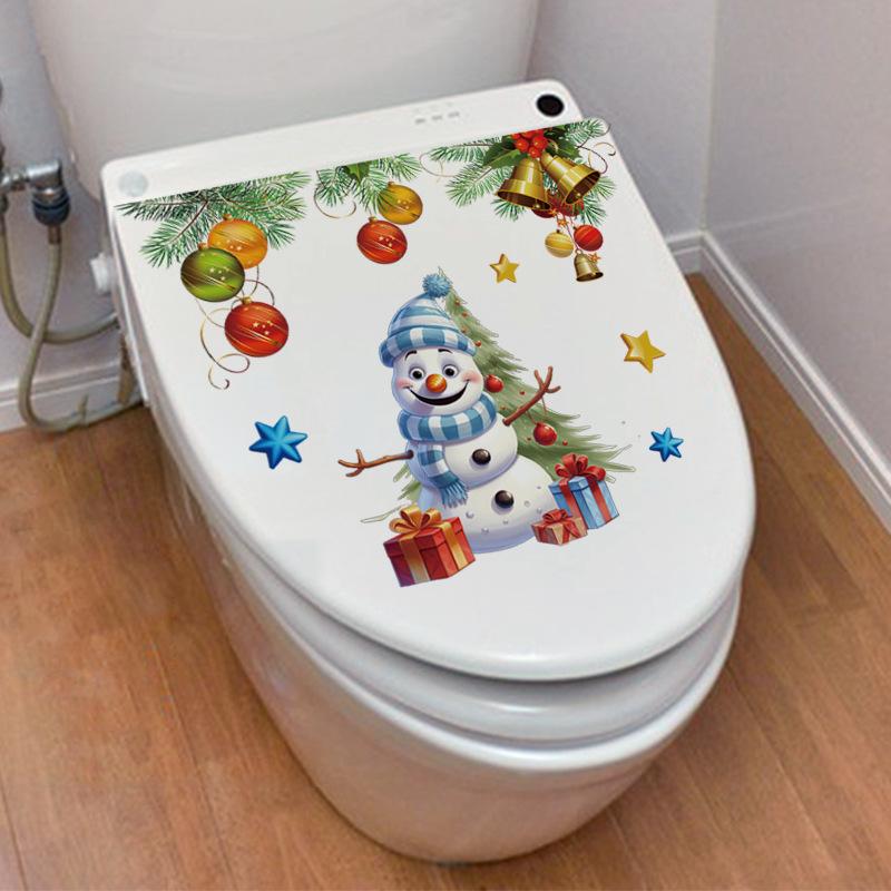 Рождественские настенные наклейки Счастливый снеговик Лось Наклейки на колокольчики Дверь в ванную комнату Шкафчик для унитаза Украшения Водонепроницаемые наклейки