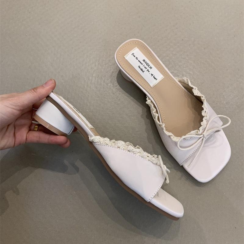 Butterfly-knot Lace Women Slippers Summer Casual Thick Low Heel Sweet Students Street Style Slides Ladies Sandals