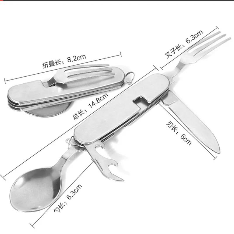 4 In 1 Outdoor Camping Tableware Folding Spoon Fork Knife Opener Stainless Steel Portable Pocket Sets for Hiking Travel Survival