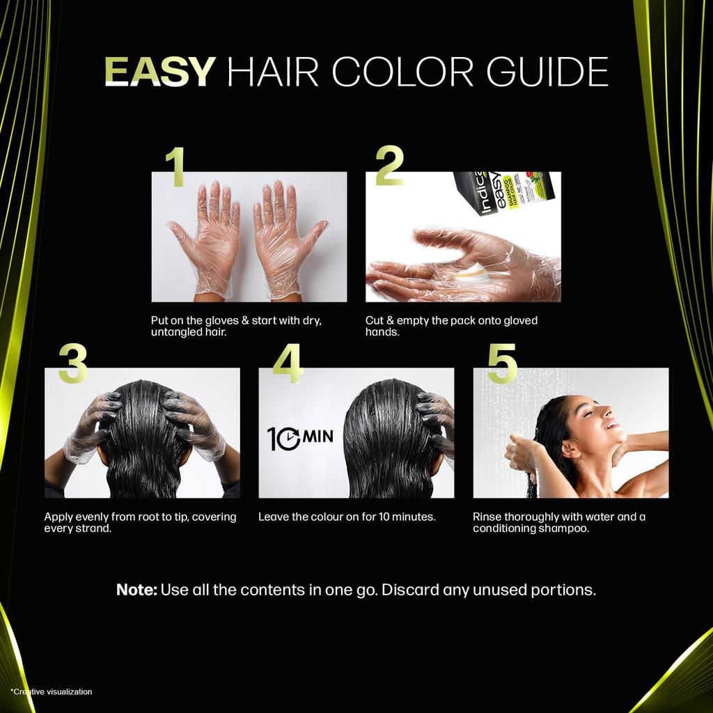 Indica Easy Do-It-Yourself Hair Color Shampoo Pump Pack with 5 Herbal Extracts and 100% Ammonia Free, 180 ML - Natural Black Colour (Gloves Included)
