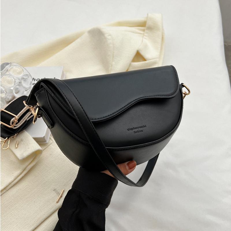 Women Vintage Solid Color Flap Small Saddle Shoulder Underarm Bag Fashion PU Leather Wide Strap Crossbody Bag