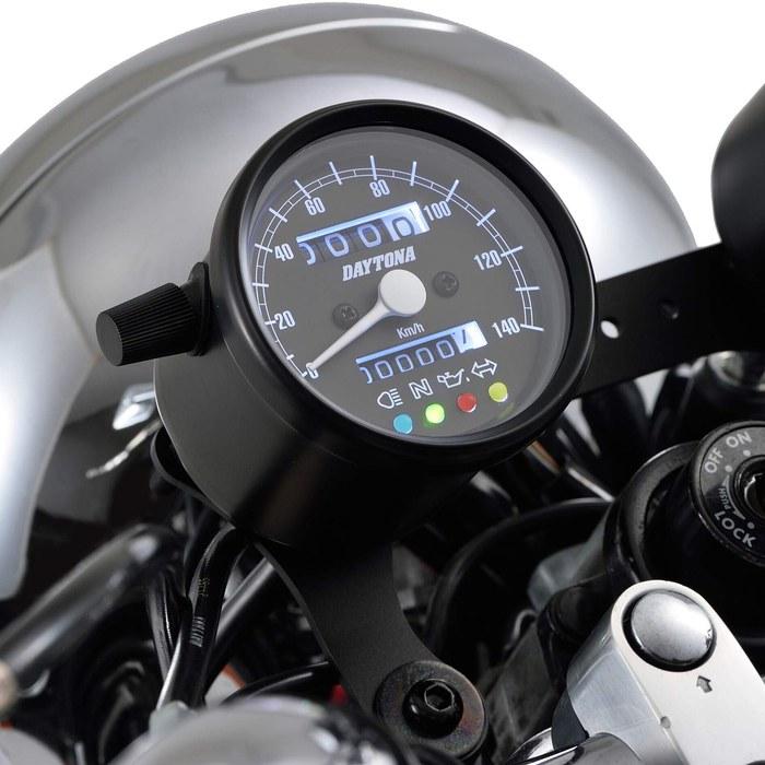 Daytona Motorcycle Mechanical Speedometer Black Body/Black Panel/White LED 60 140km/h with Indicator 15626 (x 1)