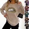 Leopard Print Embroidery Sequined Lips Personalized Round Neck Pullover Sweater for Women