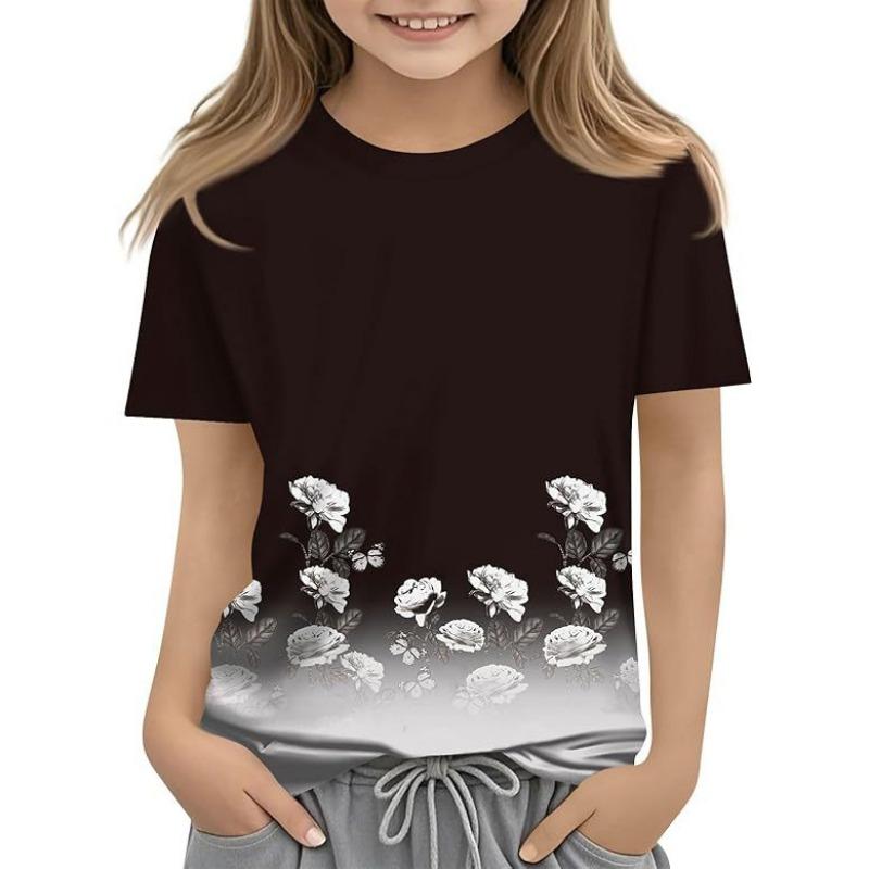 Детская футболка с 3D-принтом, новая повседневная универсальная детская одежда с цветочным 3D-принтом, футболка с короткими рукавами и круглым вырезом