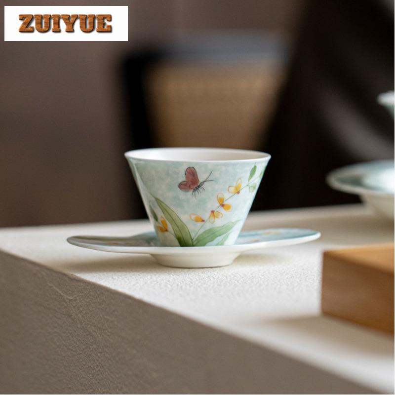 45ml Hand Drawn Orchid Butterfly Thin Body Teacup Antique Tea Bowl Mug Tea-tasting Meditation Cup Chazhan Master Cups Saucer