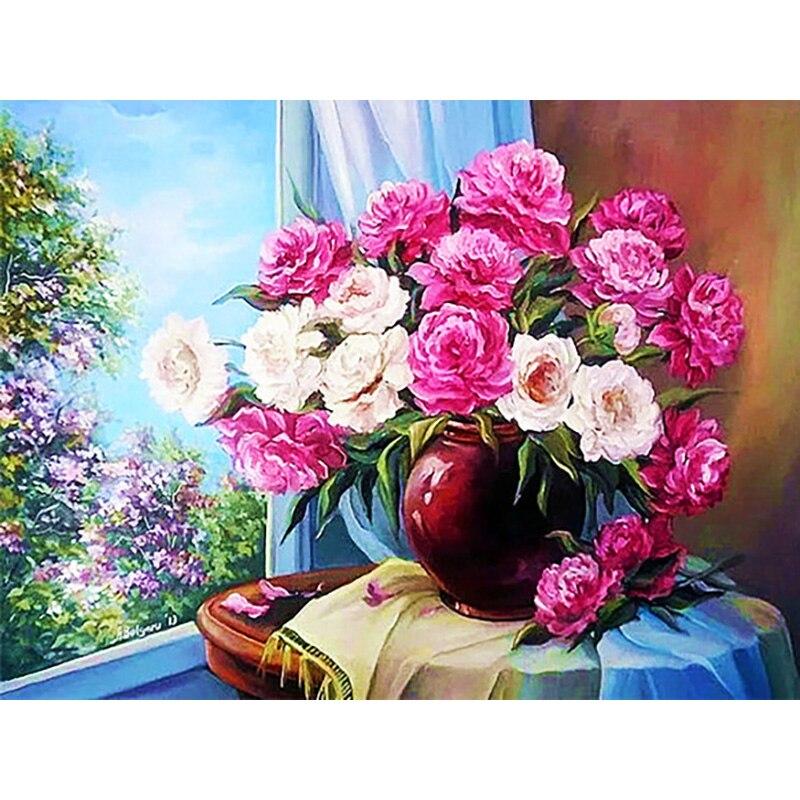 5D DIY Алмазная картина Ваза Алмазная вышивка Цветочный пейзаж Вышивка крестиком Полный круглый дрель Домашний декор Ручной художественный подарок