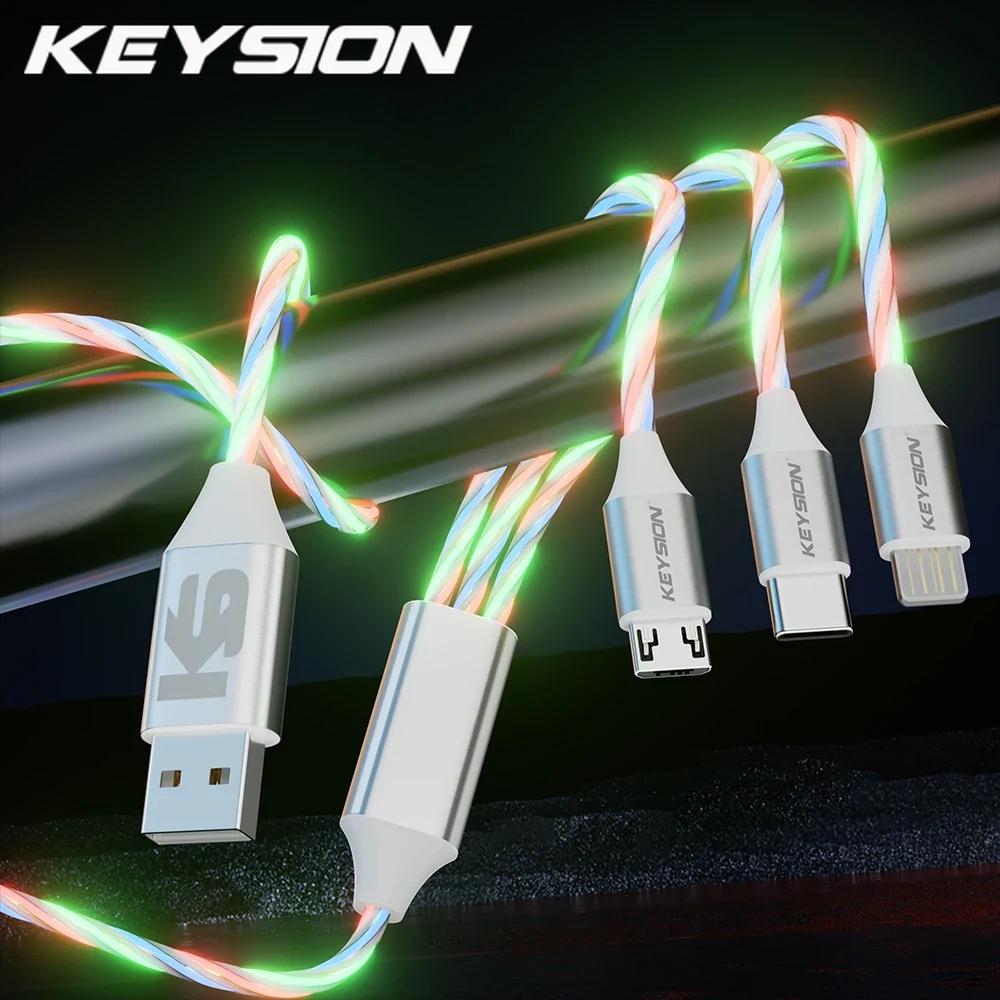 KEYSION 3 в 1 3A кабель для быстрой зарядки Micro USB Type-C провод для зарядки телефона светящийся светодиодный шнур для iPhone Samsung Xiaomi Redmi
