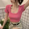Square Neck Short-sleeved Knit T-shirt Women Summer Design Sense Short High Waist Pink Slim Chic Tops Casual Essential Slim Fit Pullovers Tees