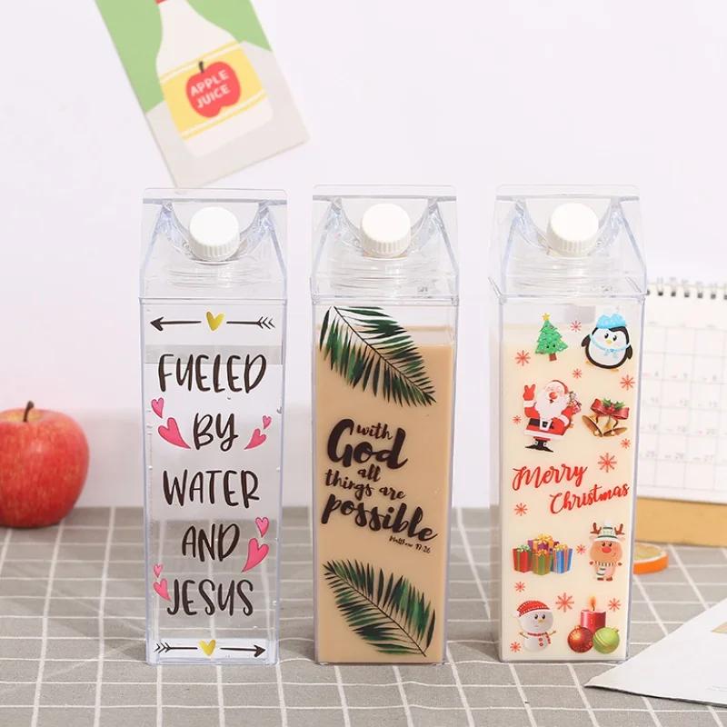 Plastic Clear Milk Carton Water Bottle New Reusable Juice Transparent Sport Leakproof Cup2023 Box Drinking
