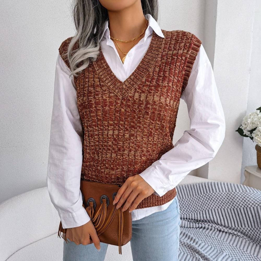 Autumn and Winter Colorful Twist V-neck Knitted Vest Sweater Vest