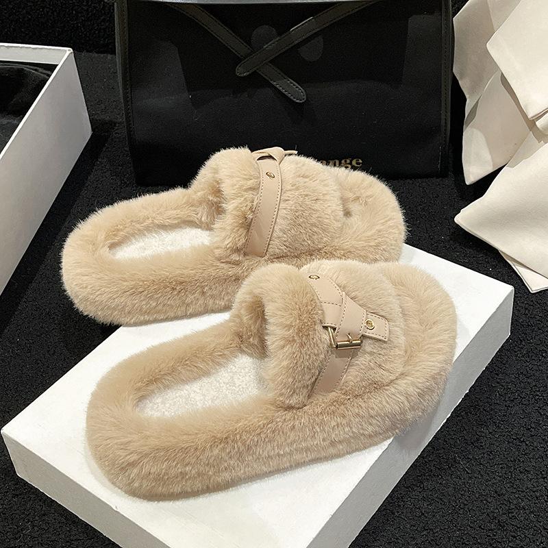 Тапочки интернет-знаменитости женские носят 2025 осень и весна новые хлопковые тапочки супер огонь универсальные плюшевые взрыв толстая подошва пушистые тапочки