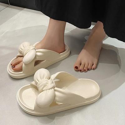 Праздничные тапочки с бантом Женские летние туфли Домашние комнатные Нескользящая толстая подошва ПВХ Прохладные тапочки Однотонные повседневные шлепанцы