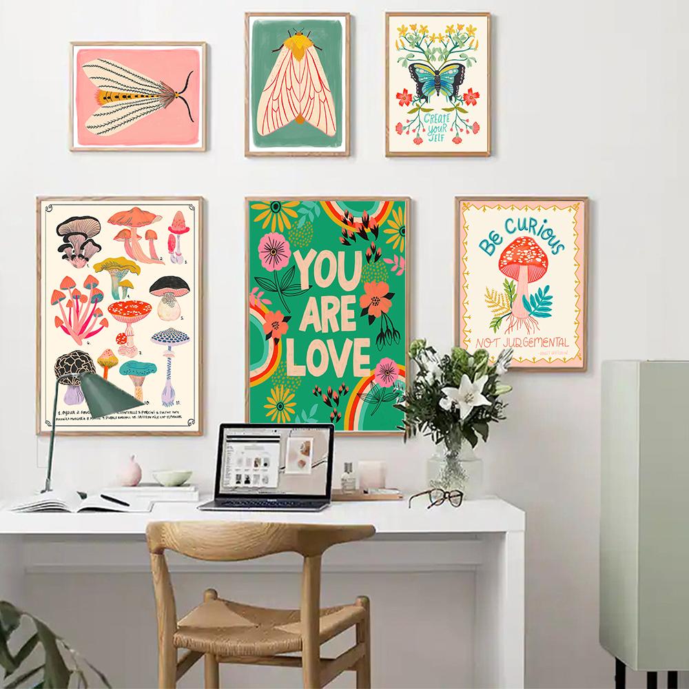 Гриб Бабочка Вдохновляющие цитаты Плакаты и принты Бохо Детская Настенная картина Картина на холсте Скандинавский декор для гостиной