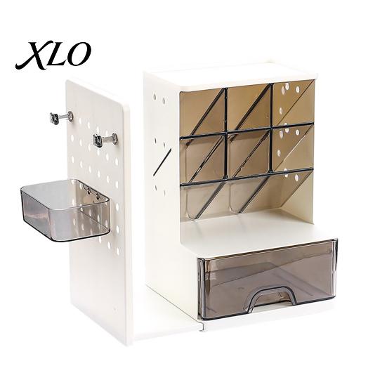 Desk Organizer with Pen Holder Retractable Bookends And Pegboard, Multi-Functional Angled Makeup Professional Workspace Brush Holder, Compact