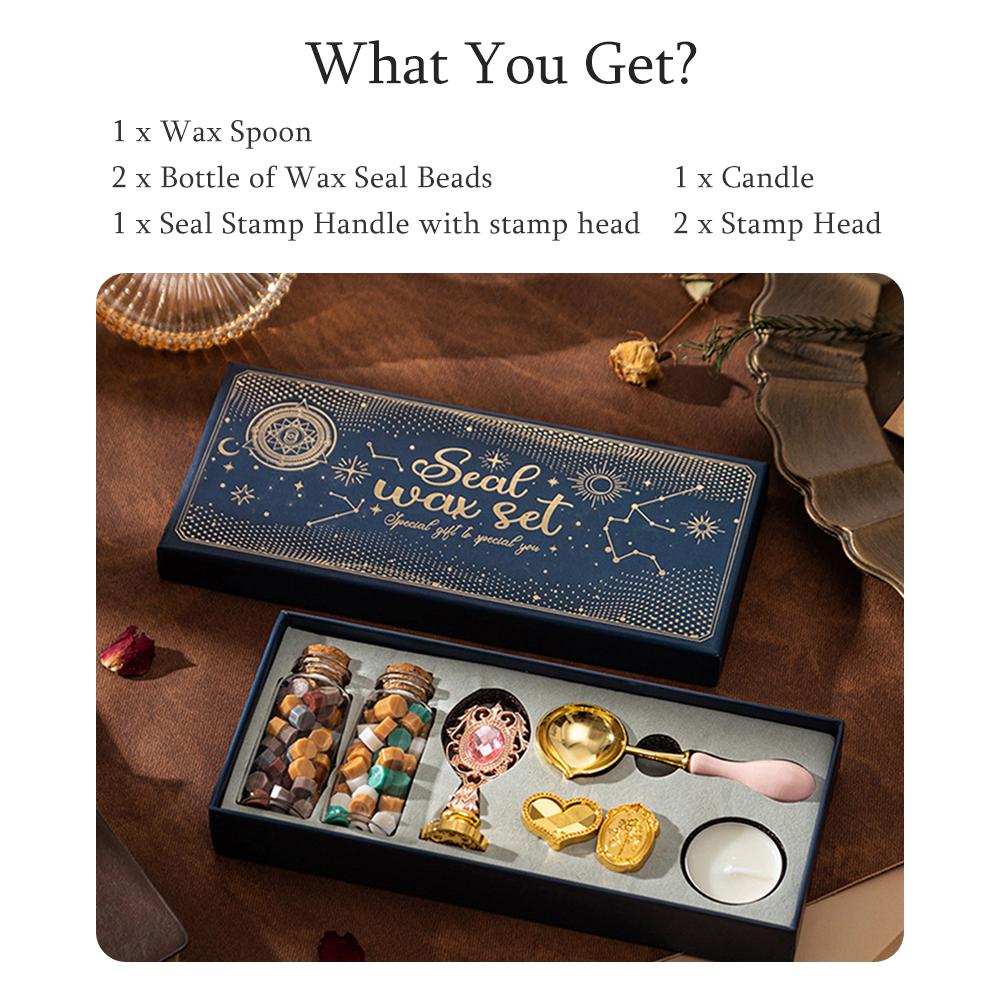 Wax Seal Stamp Kit with 3pcs Seal Stamp and Bottle of Wax Beads SpoonCandle for Christmas Vintage