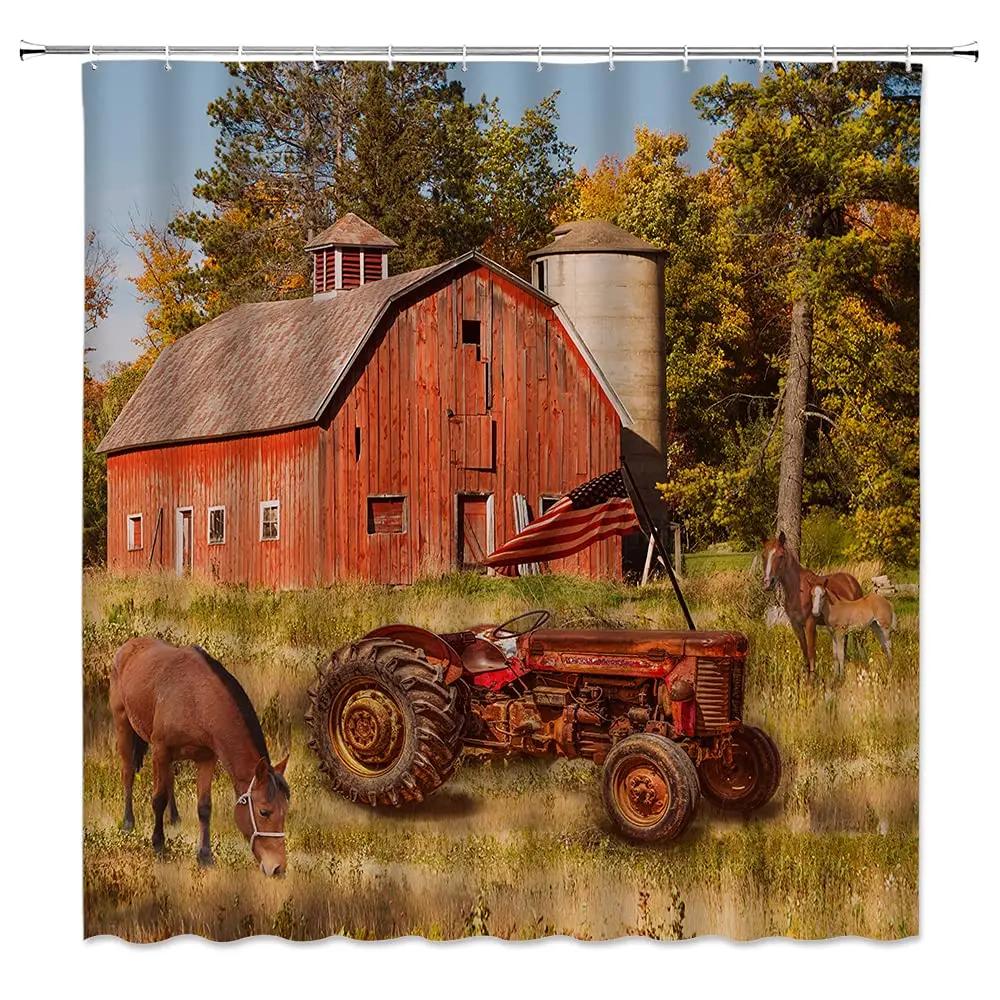 Rustic Shower Curtain Old Wooden Barn with Rusted Tractor Hillside Wooden Fence and Trees Cloth Fabric Bathroom Decor with Hooks