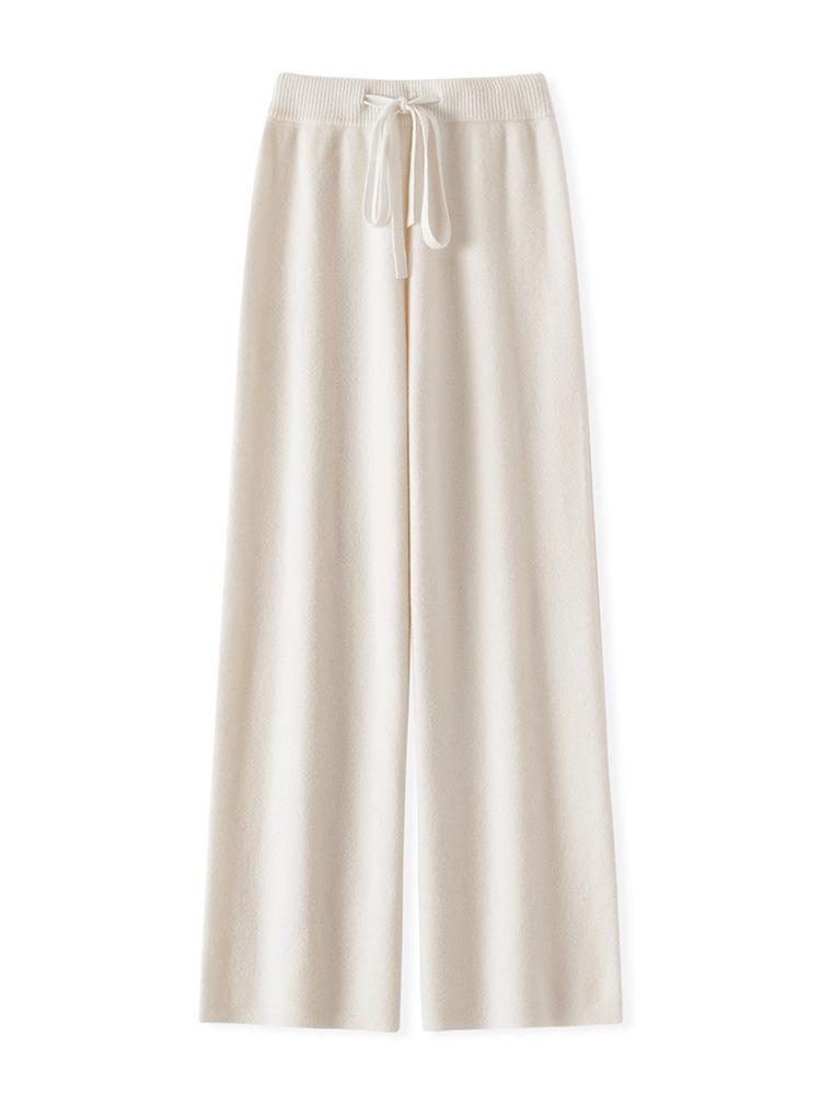 Женские шерстяные брюки с высокой талией и широкими штанинами: Осень/Зима, Плотный и Теплый, Повседневный, Длинный, Вязаный, Прямой крой.