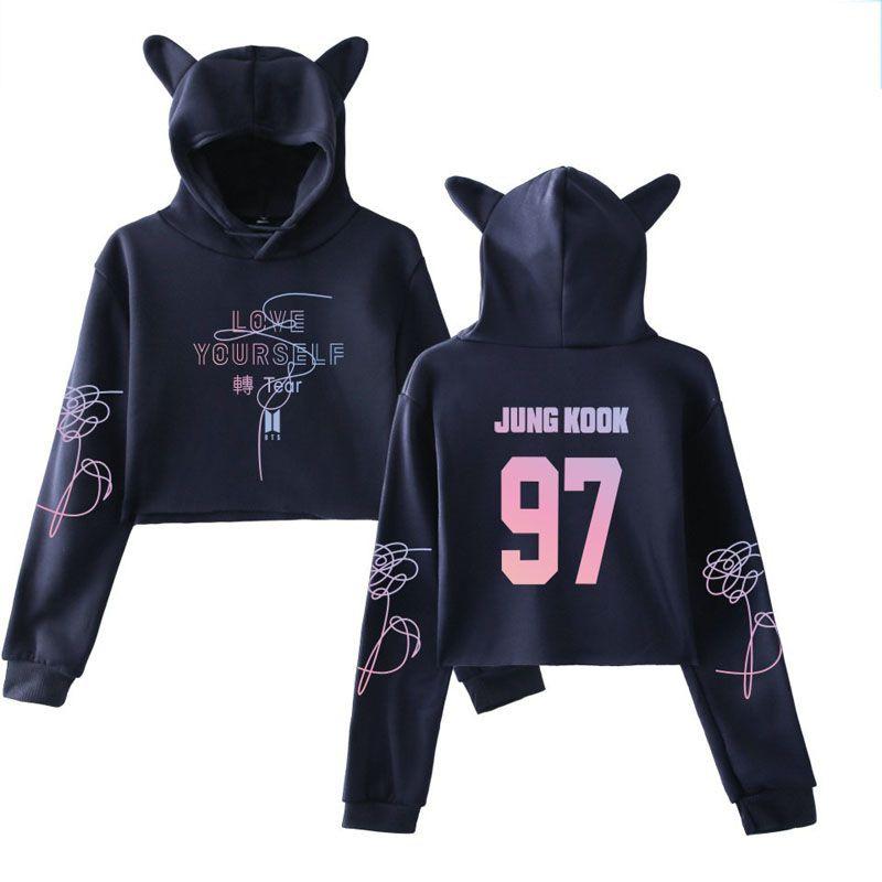 Kpop Unisex Bts jung Kook Jimin 95 97 Hoodie Sweatshirt Cat Ears Tops Crop