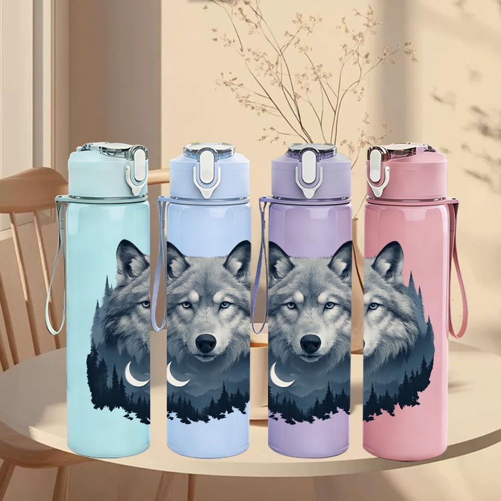 1PC Grey Wolf Head Portrait 750ml Color Plastic Sports Water Bottle Leakproof Flip Straw Lid Suitable for Sports Office Home Use